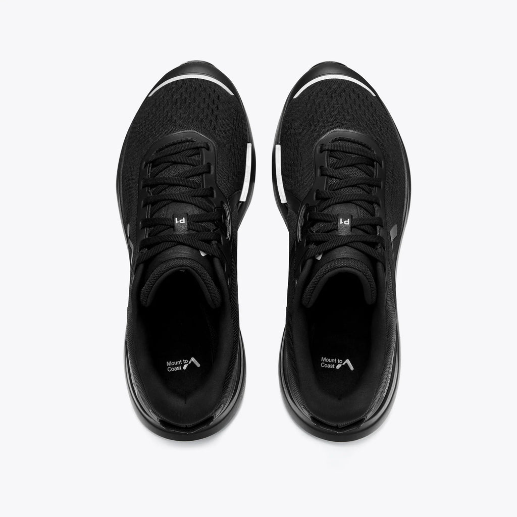 Men's Mount to Coast. P1. Black upper. Black midsole. Top view.