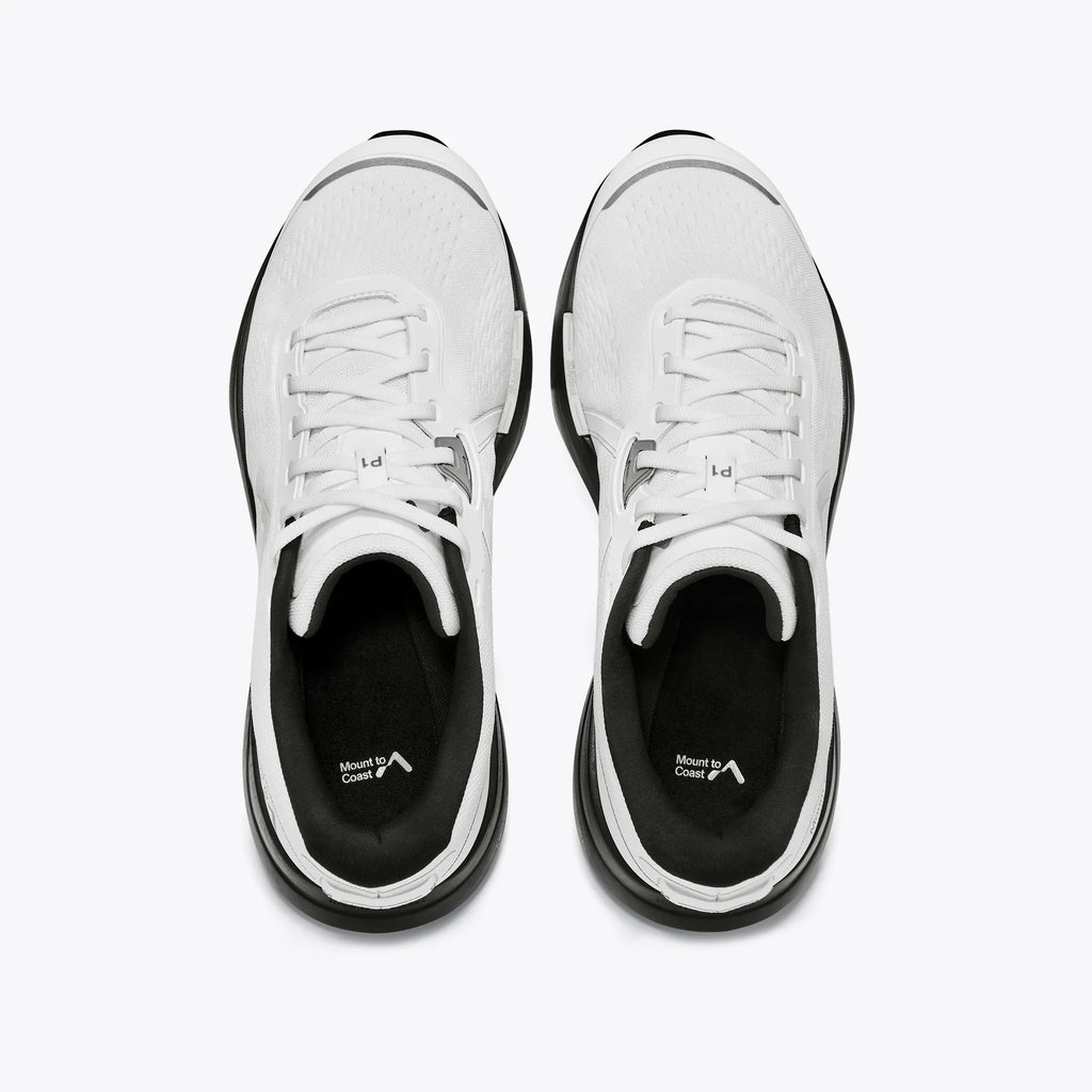 Men's Mount to Coast. P1. White upper. Black midsole. Top view.