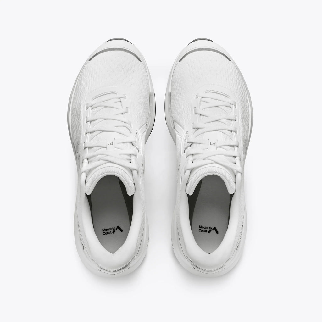 Men's Mount to Coast P1. White upper. White midsole. Top view.