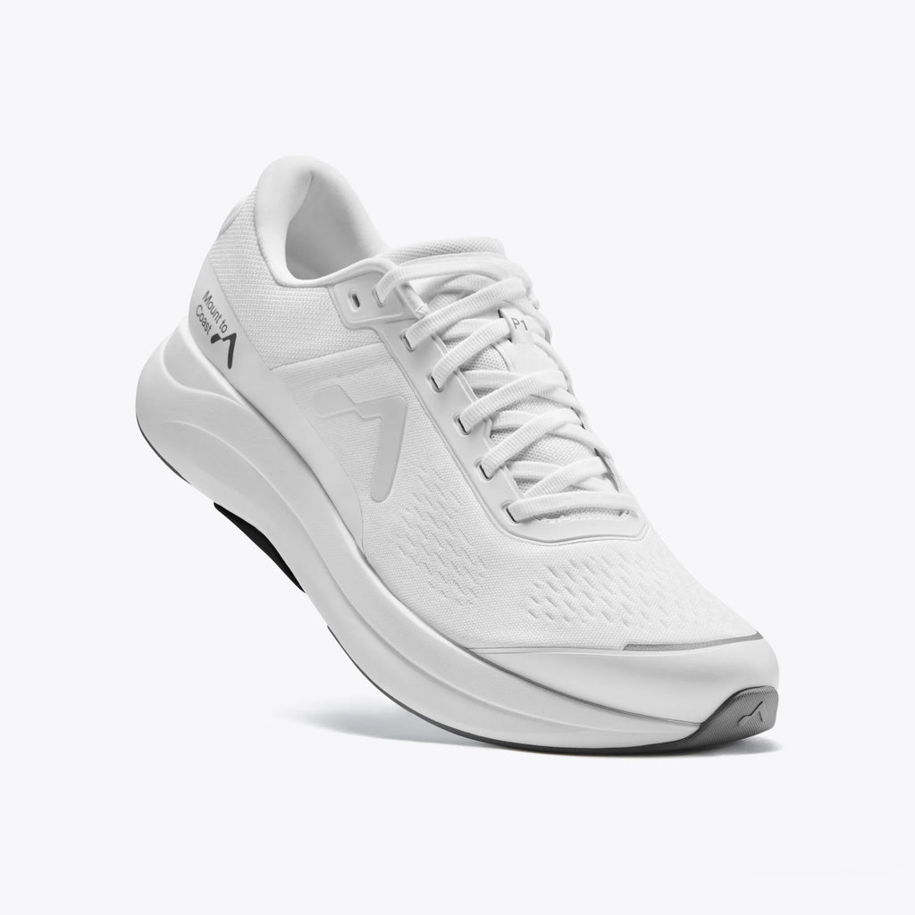 Men's Mount to Coast P1. White upper. White midsole. Lateral view.