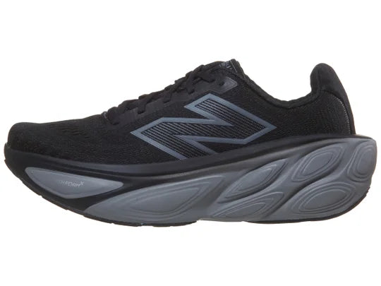 Men's New Balance Fresh Foam X More v5. Black upper. Grey midsole. Lateral view.