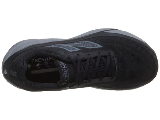 Men's New Balance Fresh Foam X More v5. Black upper. Grey midsole. Top view.