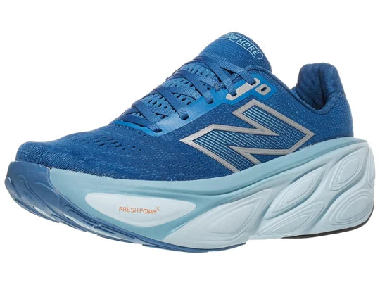 Men's New Balance Fresh Foam X More v5. Blue upper. Blue midsole. Lateral view.