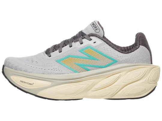 Men's New Balance Fresh Foam X More v5. Grey upper. Light Yellow midsole. Lateral view.