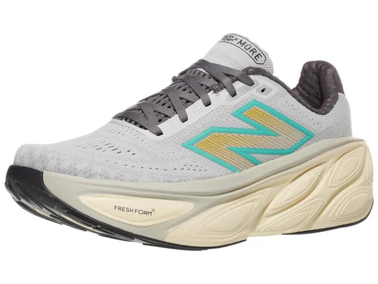 Men's New Balance Fresh Foam X More v5. Grey upper. Light Yellow midsole. Lateral view.