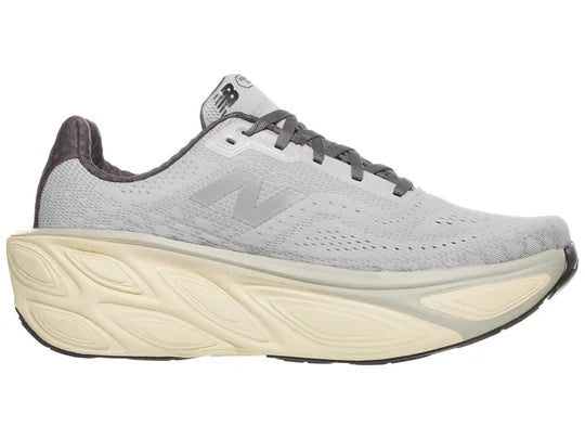 Men's New Balance Fresh Foam X More v5. Grey upper. Light Yellow midsole. Medial view.