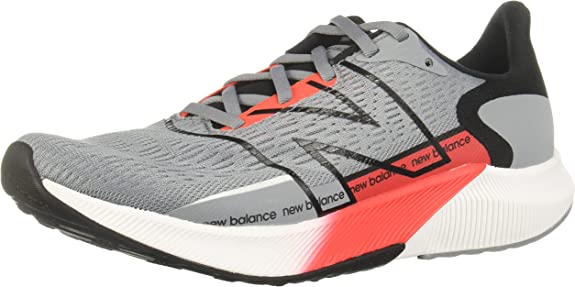 Men's New Balance FuelCell Propel v2. Grey upper. White midsole. Lateral view.