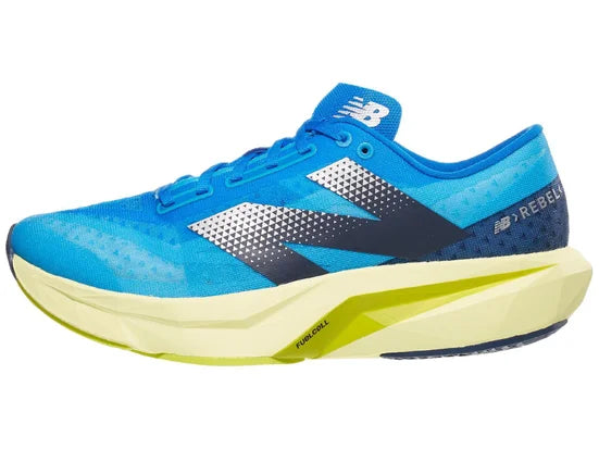 Men's New Balance FuelCell Rebel v4. Blue upper. Green midsole. Lateral view.