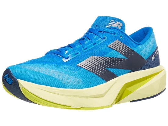 Men's New Balance FuelCell Rebel v4. Blue upper. Green midsole. Lateral view.