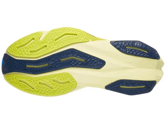 Men's New Balance FuelCell Rebel v4. Blue upper. Green midsole. Bottom view.