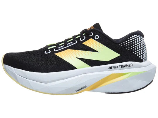 Men's New Balance Supercomp Trainer V3. Black upper. White midsole. Lateral view.