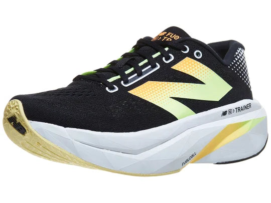 Men's New Balance Supercomp Trainer V3. Black upper. White midsole. Lateral view.