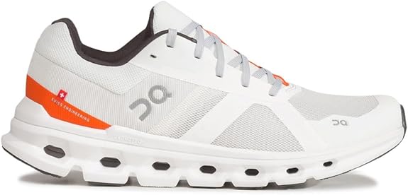 Men's On Cloudrunner. White upper. White midsole. Lateral view.