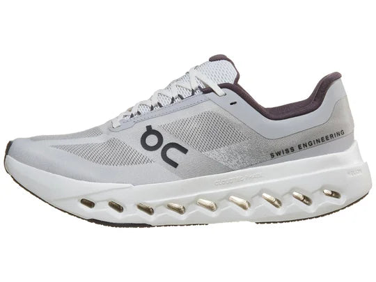 Men's On Running Cloudsurfer Next. Grey upper. White midsole. Lateral view.