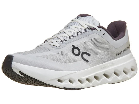 Men's On Running Cloudsurfer Next. Grey upper. White midsole. Lateral view.