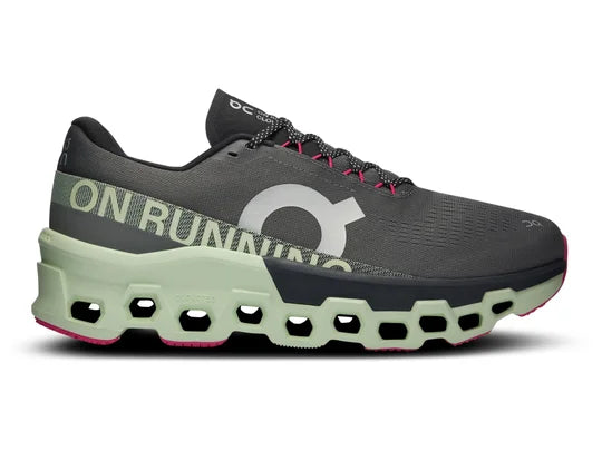 Men's On Running Cloudmonster 2. Dark Grey upper. Green midsole. Lateral view.