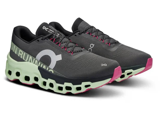 Men's On Running Cloudmonster 2. Dark Grey upper. Green midsole. Lateral view.