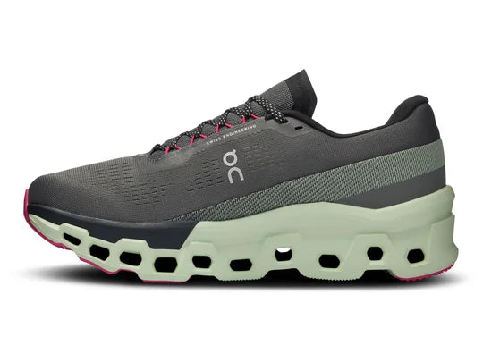 Men's On Running Cloudmonster 2. Dark Grey upper. Green midsole. Medial view.