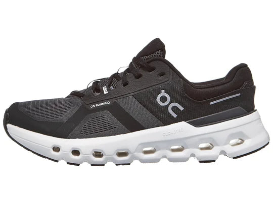 Men's On Running Cloudrunner 2. Black upper. White midsole. Lateral view.