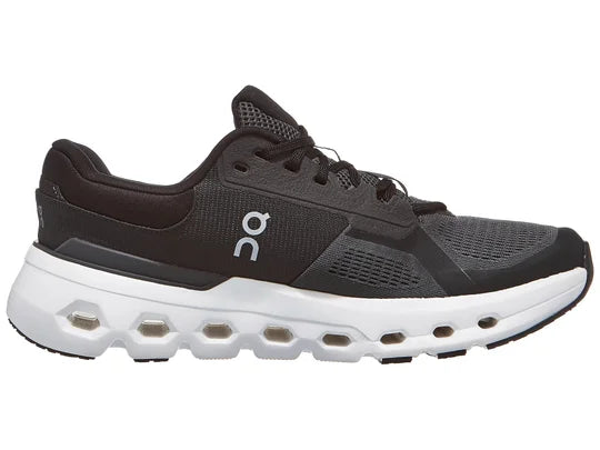 Men's On Running Cloudrunner 2. Black upper. White midsole. Medial view.