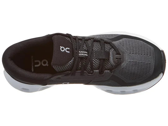 Men's On Running Cloudrunner 2. Black upper. White midsole. Top view.