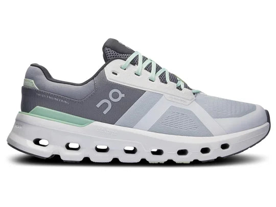 Men's On Running Cloudrunner 2. Grey upper. White midsole. Lateral view.