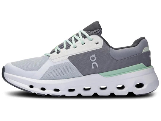 Men's On Running Cloudrunner 2. Grey upper. White midsole. Medial view.