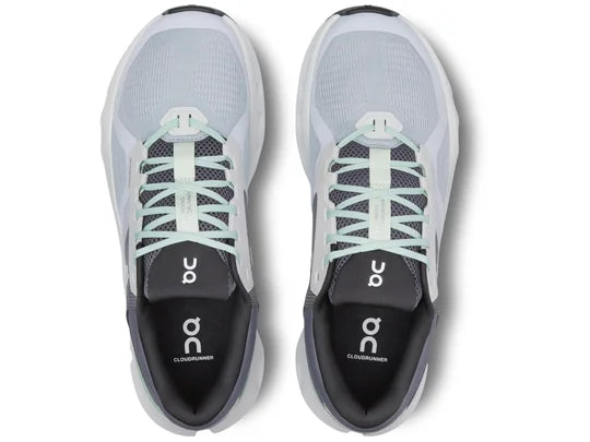 Men's On Running Cloudrunner 2. Grey upper. White midsole. Top view.