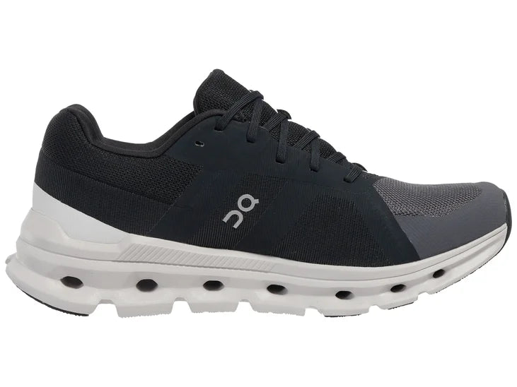 Men's On Cloudrunner. Black upper. White midsole. Medial view.