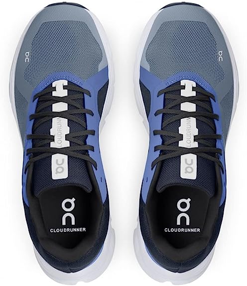 Men's On Cloudrunner. Blue upper. White midsole. Top view.