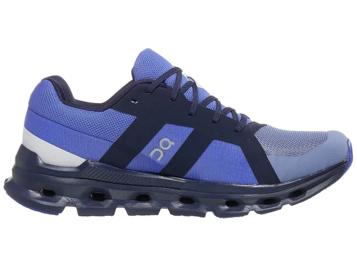 Men's On Cloudrunner. Blue upper. Blue midsole. Medial view.