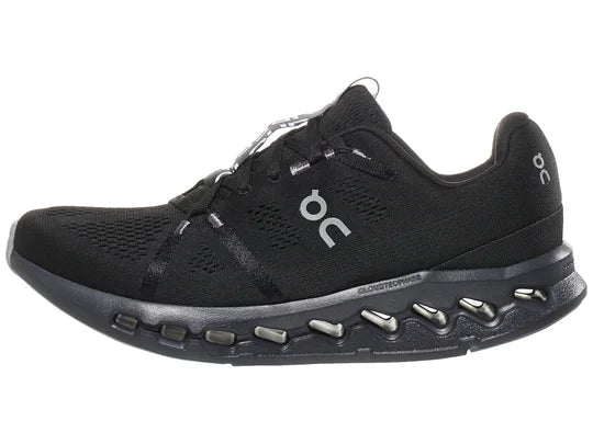 Men's On Running Cloudsurfer. Black upper. Black midsole. Lateral view.