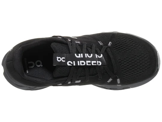 Men's On Running Cloudsurfer. Black upper. Black midsole. Top view.