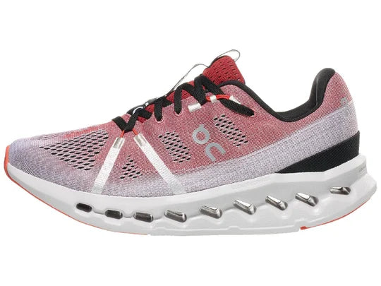 Men's On Running Cloudsurfer. White/Red upper. White midsole. Lateral view.