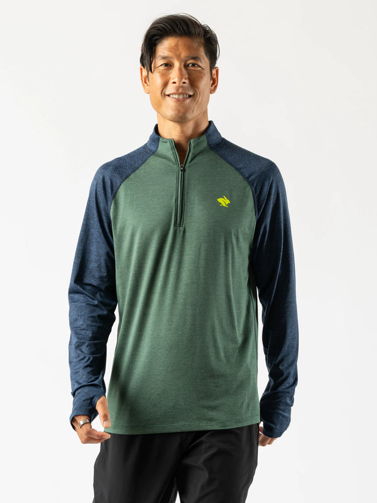 Men's rabbit EZ Zip 2.0 Long Sleeve. Green/Navy. Front view.