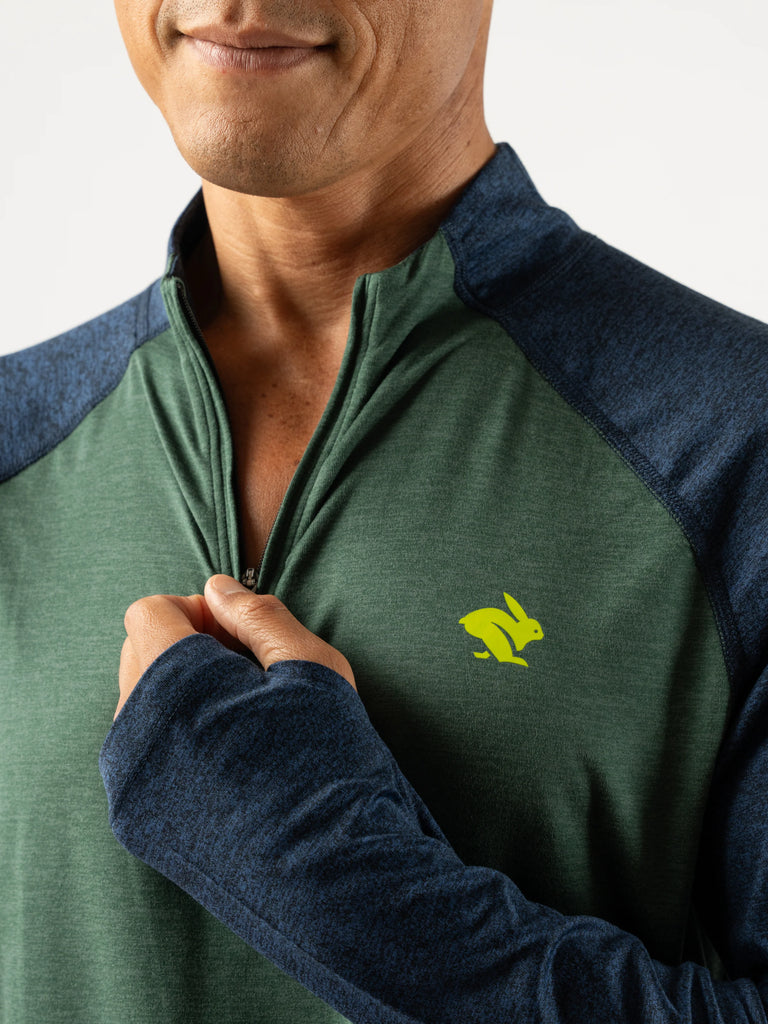 Men's rabbit EZ Zip 2.0 Long Sleeve. Green/Navy. Front view.