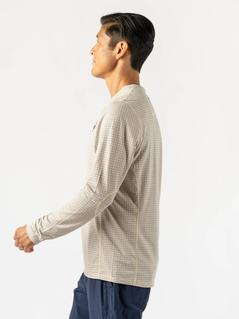 Men's rabbit Layer One Trail Long Sleeve. Light Tan/Plaid. Lateral view.