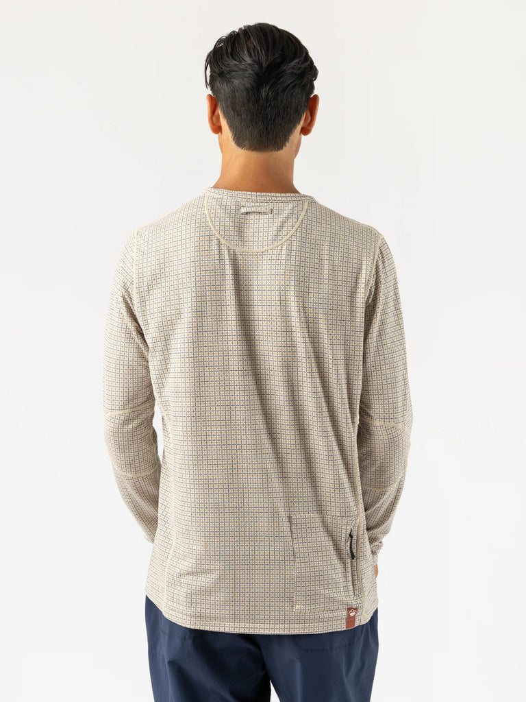 Men's rabbit Layer One Trail Long Sleeve. Light Tan/Plaid. Rear view.