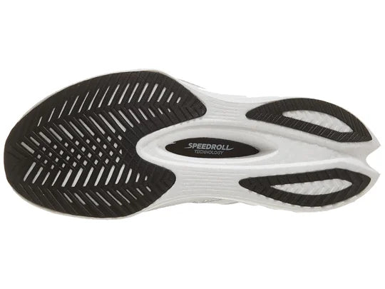 Men's Saucony Endorphin Pro 4. White upper. White midsole. Bottom view.