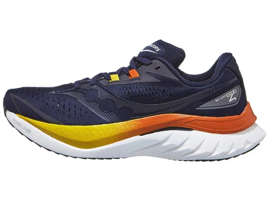 Men's Saucony Endorphin Speed 4. Dark Blue upper. White midsole. Lateral view.