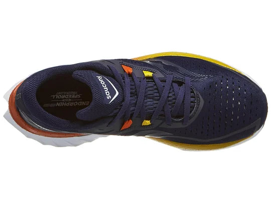 Men's Saucony Endorphin Speed 4. Dark Blue upper. White midsole. Top view.