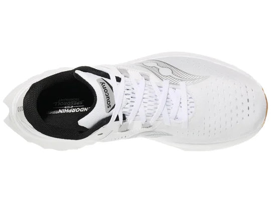 Men's Saucony Endorhpin Speed 4. White upper. White midsole. Top view.