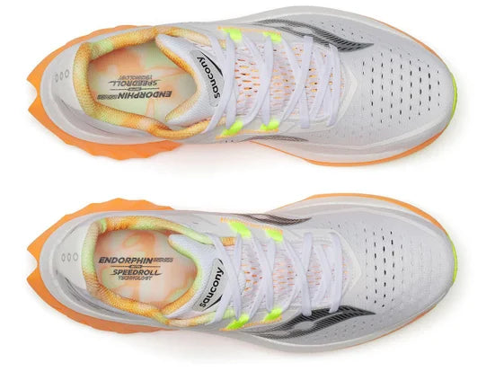 Men's Saucony Endorphin Speed 4. White upper. Orange midsole. Top view.