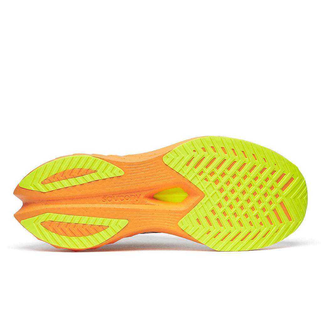 Men's Saucony Endorphin Speed 4. White upper. White/Orange midsole. Bottom view.