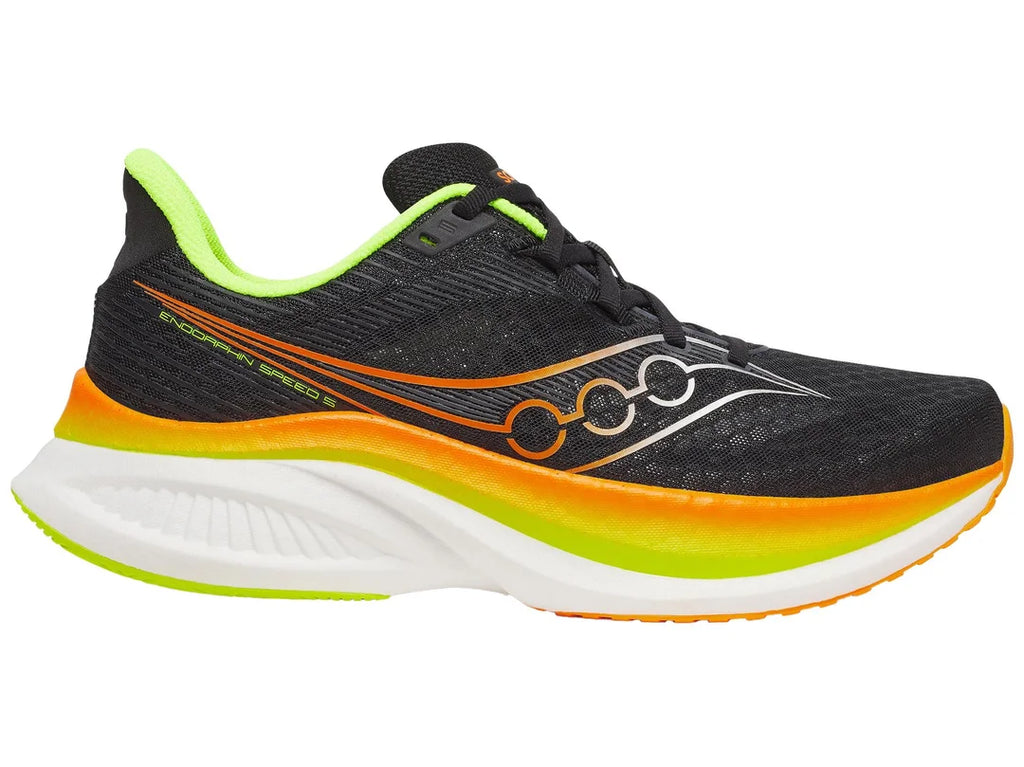 Men's Saucony Endorphin Speed 5. Black upper. White, green, and orange midsole. :ateral view. 