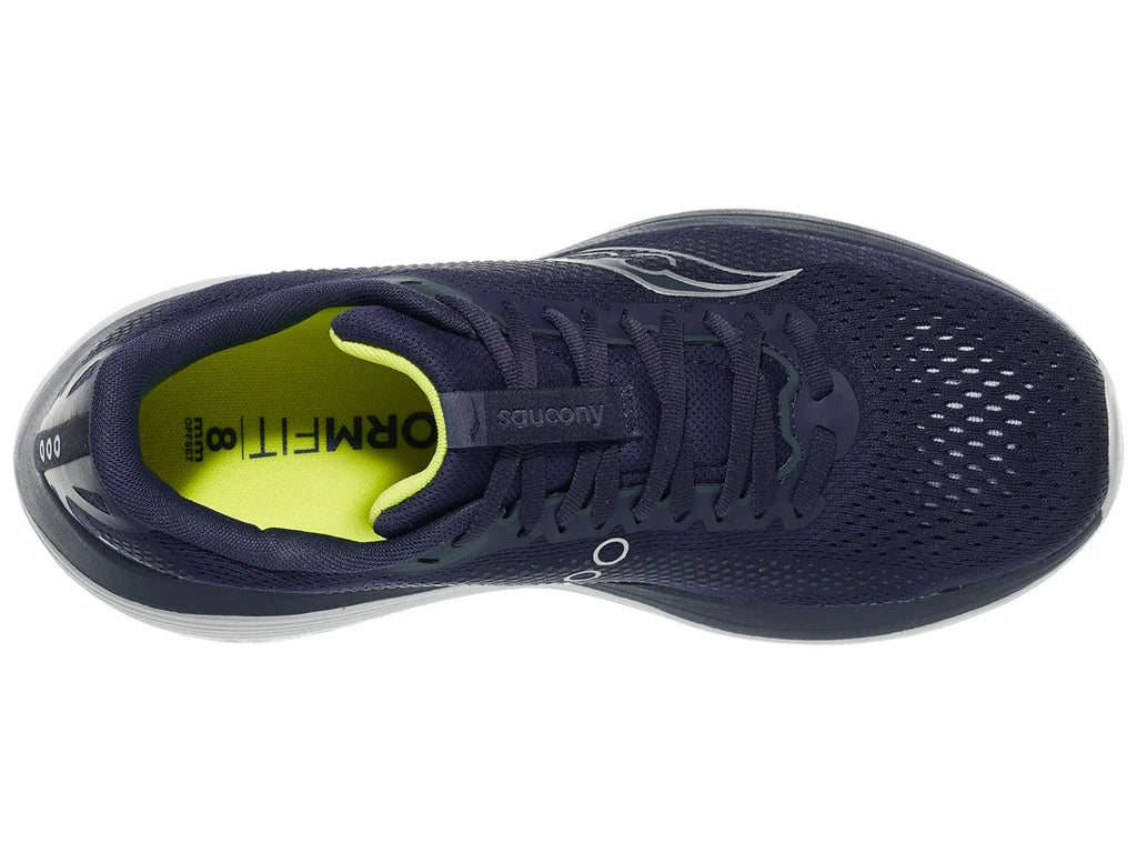Men's Saucony Endorphin Trainer. Navy upper. Navy and white midsole. Top view.