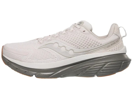 Men's Saucony Guide 17. White upper. Grey midsole. Lateral view.