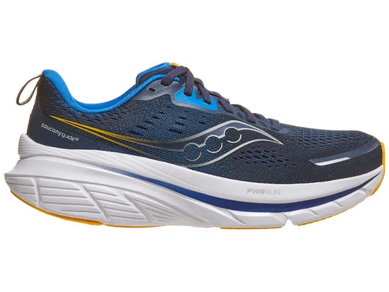 Men's Saucony Guide 18. Navy upper. White midsole. Lateral view.