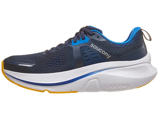 Men's Saucony Guide 18. Navy upper. White midsole. Medial view.