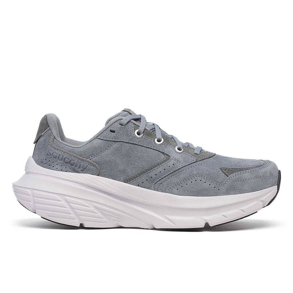 Men's Saucony Guide Metro LE. Grey upper. White midsole. Lateral view.